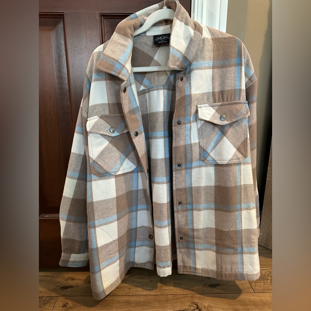 Beige and Light Blue Plaid Flannel Jacket